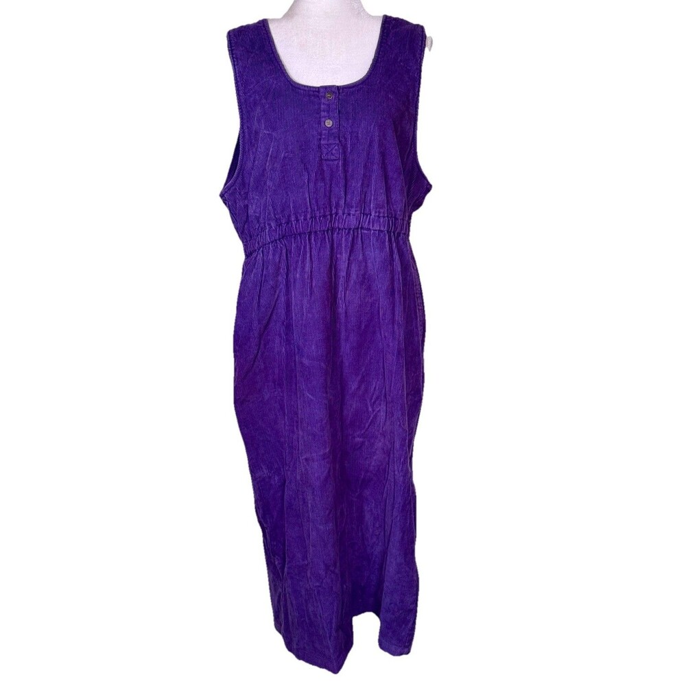 Women Prairie Style Corduroy Jumper Dress Purple Sleeveless Gathered Waist Sz Lg